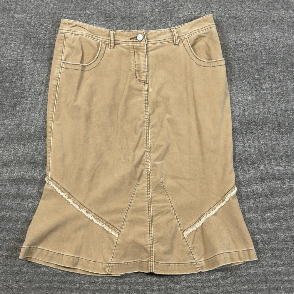 Anthropologie Louie Corduroy Fringe Skirt Tan Stretch Size 8 Peplum Hem Boho - Picture 9 of 10